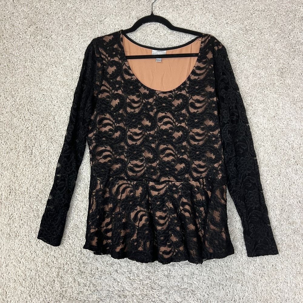 Bisou Bisou Blouse Peplum Top Womens XL Black Lace Nude Lined Whimsigoth Sexy